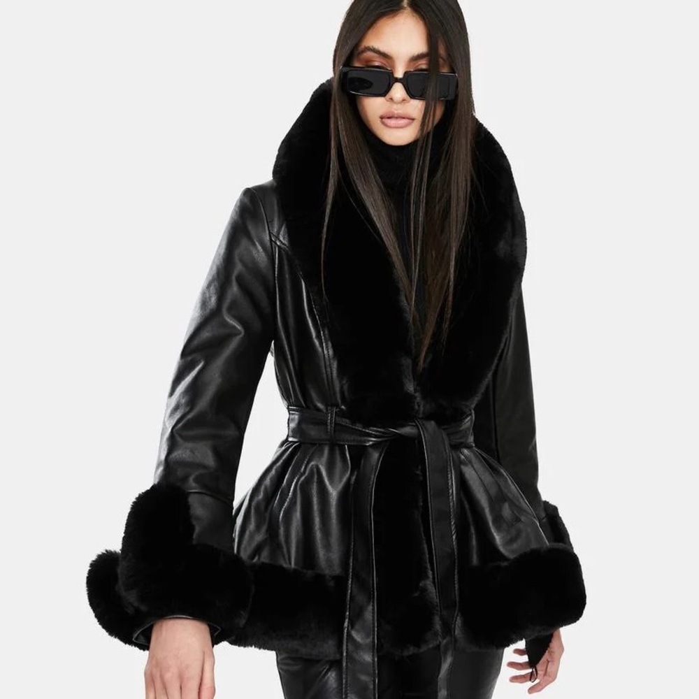 Faux Fur Trim Peplum Belted Jacket Coat